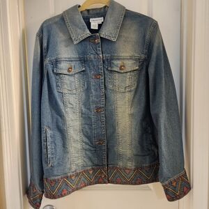 VINTAGE COLDWATER CREEK Denim Like Jacket with Multicolor Embroidery Trim